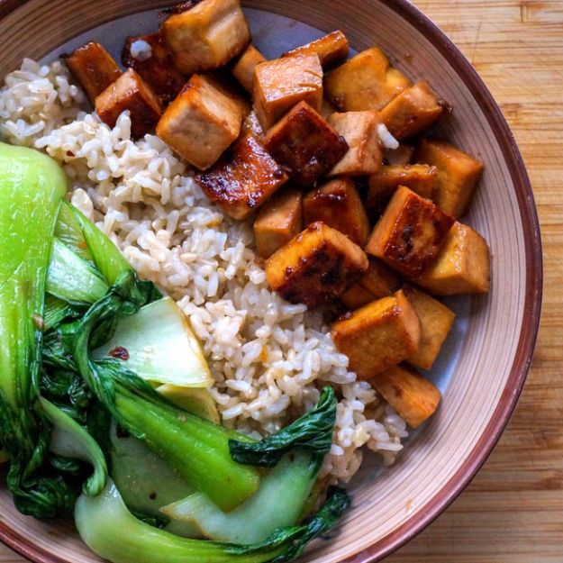 Maple Glazed Tofu With Garlic Sautéed Bok Choy &amp; Basmati Rice