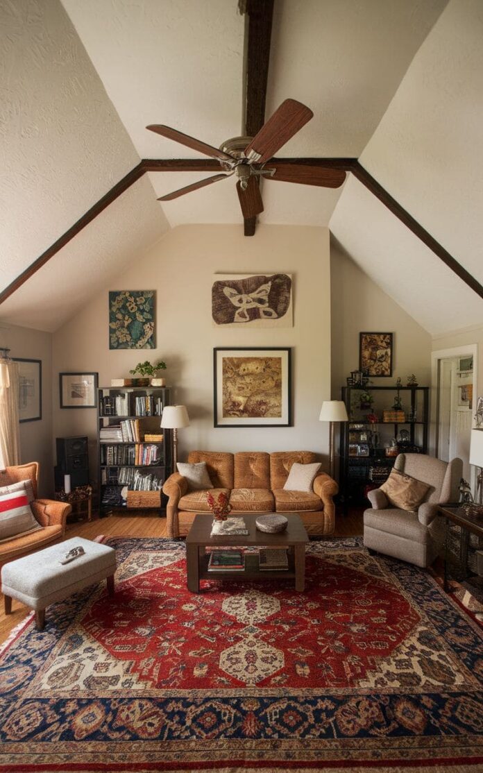 Stunning Tiny Living Room Layout With A Sloping Ceiling image